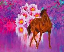 Конь на фоне больших цветов