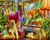 Семейство тигров в уютной комнатке