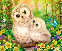 Белые сова с совёнком в цветущем лесу