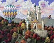 Замок на горе в окружении воздушных шаров