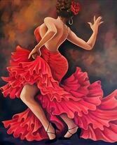 Танец девушки в красном платье и черных туфлях