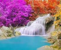 Голубые воды водопада и цветной лес