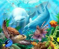 Дельфины, черепаха и рыбы в подводном мире