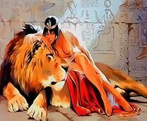 Египетская девушка обнимает льва