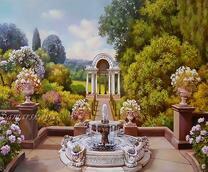 Летний парк с фонтаном и цветы