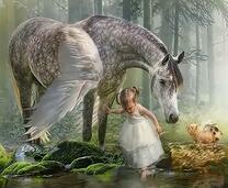 Маленькая девочка с пегасом у ручья