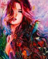 Девушка с птицами и летними цветами