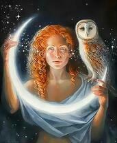 Рыжеволосая девушка с совой и месяцем