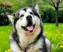 Хаски отдыхает на весеннем лугу