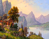 Домик у озера и скалистые горы