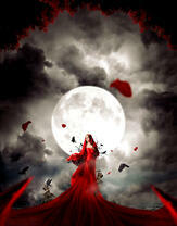 Женщина в красном на фоне полной луны