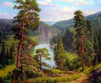 Чудесный пейзаж с видом на реку и сосновый лес