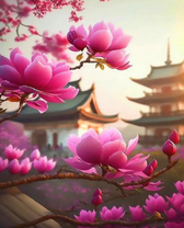 Цветение магнолий с видом на пагоду