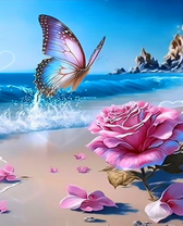 Бабочка над розой на песчаном берегу