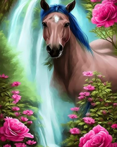 Синегривая лошадь среди цветов