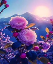 Цветущие ветви на фоне гор