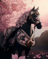 Высокий черный конь в броне и цветах