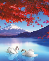 Лебеди на тихом озере среди гор