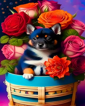 Песик в корзинке среди роз