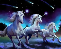 Белые единороги на фоне звездного неба