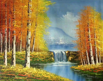 Осенние березы, горы и водопад