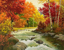 Быстрая река в осеннем лесу