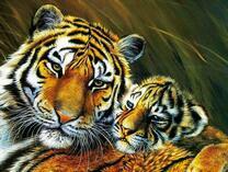 Тигрица с тигрёнком в высокой траве