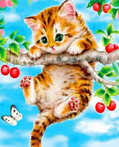 Рыжий котенок на ветке с вишнями