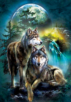 Два красивых волка на он полной луны и леса