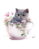 Серенький пушистый котёнок в чашке с цветами