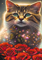 Кот в золотом сияние и красные розы