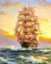 Корабль с белыми парусами на морских волнах