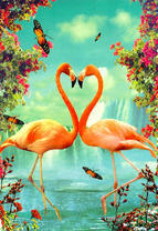 Фламинго и бабочки на фоне водопада