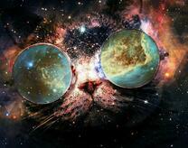 Кот в очках на фоне Млечного пути