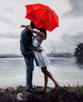 Поцелуй у летнего озера под красным зонтом