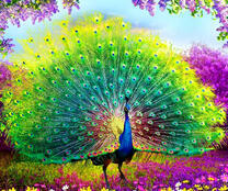 Павлин с распущенным хвостом в весеннем саду