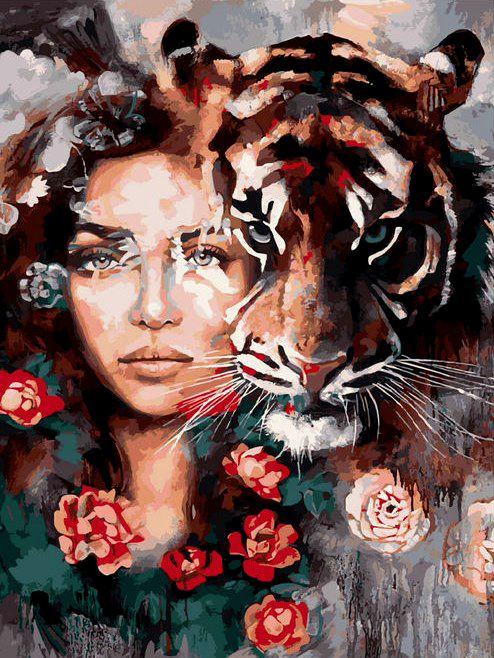 Картина по номерам 40x50 Девушка и тигр в черно-красных тонах