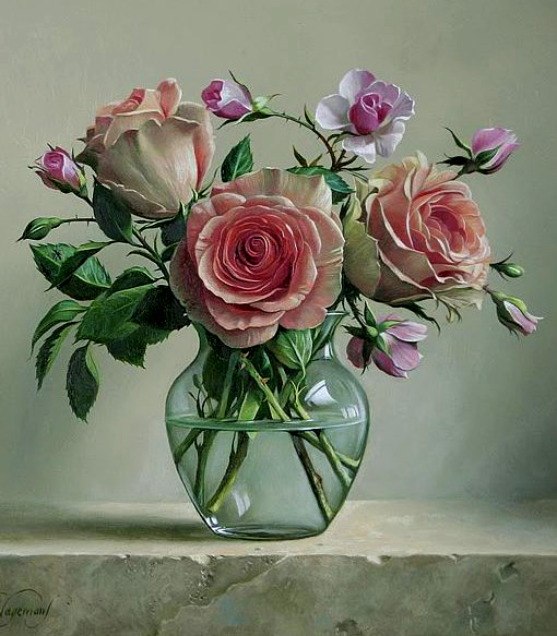 Картина по номерам 40x50 Розовые розы в прозрачной вазе