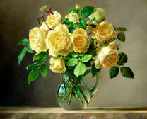 Желтые розы в прозрачной вазе