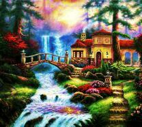 Дом на берегу реки с мостом и водопадом