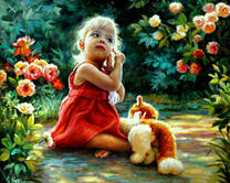 Девочка с кошкой в розовых кустах