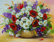 Маки, ромашки и ирисы в вазе