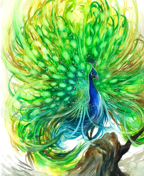 Картина по номерам 40x50 Павлин с ярким зеленым хвостом