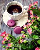 Горячий шоколад, розы и макаруны