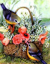 Птички на корзине с цветами