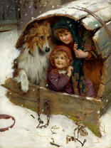 Дети с собакой прячутся от снега