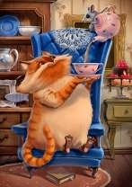 Большой кот с чашкой чая