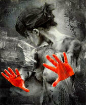 Обнаженная девушка с красными ладонями