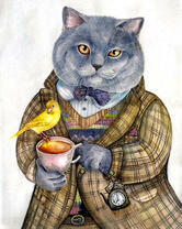 Солидный кот с птицей и чаем