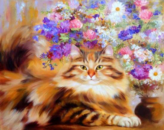 Картина по номерам 40x50 Пушистый котик под букетом цветов